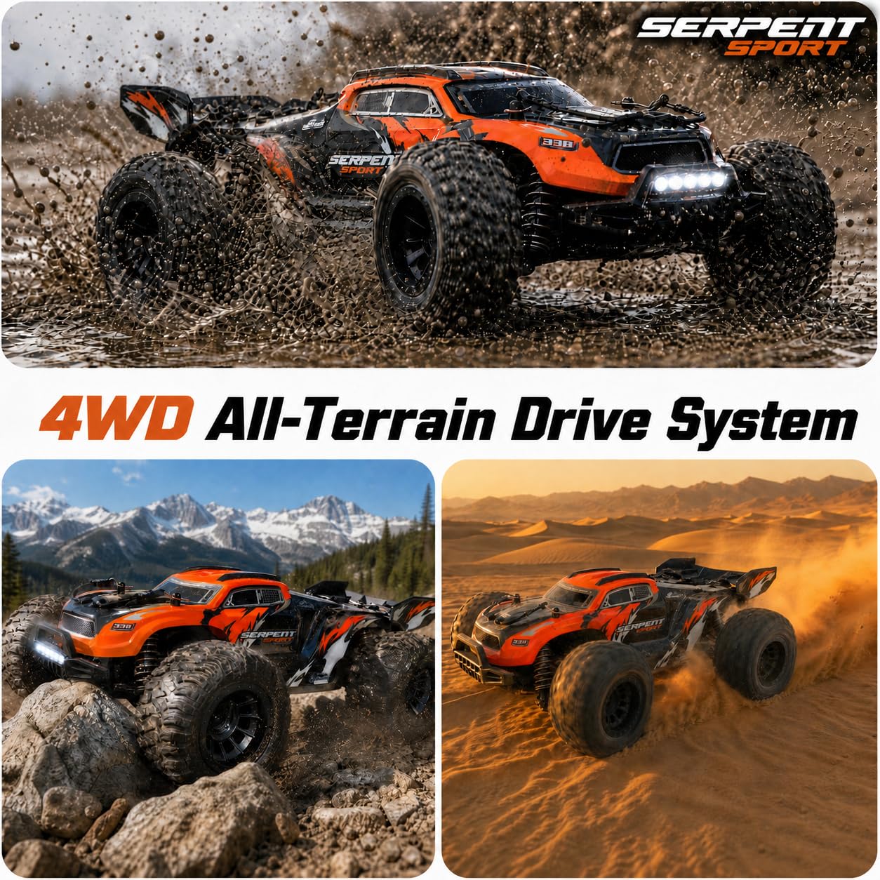 Serpent 1/18 4WD Offroad-Truck,Hochgeschwindigkeits-RC-Auto bis 40 km/h | 1:18 Allgelände-RC-Fahrzeug mit 2,4-GHz-Fernsteuerung, wasserdichter 4x4 Offroad-Truck mit 2 wiederaufladbaren Akkus