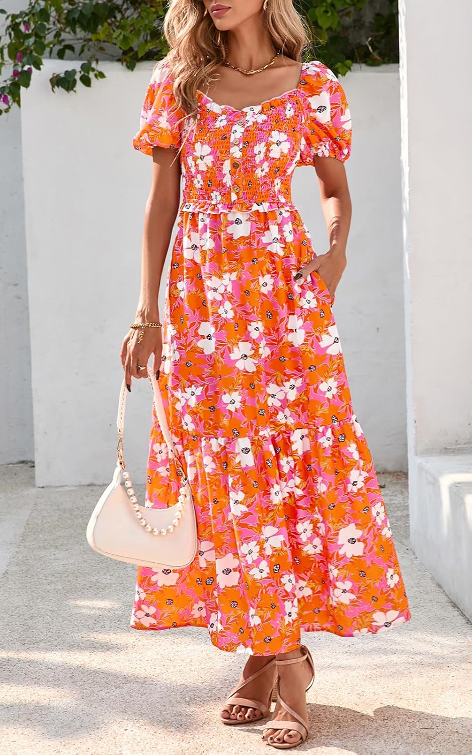 PRETTYGARDEN Womens Summer Dresses 2025 Casual Boho Floral Puff Short Sleeve Flowy Maxi Dress Smocked V Neck Sun Dresses - Image 3