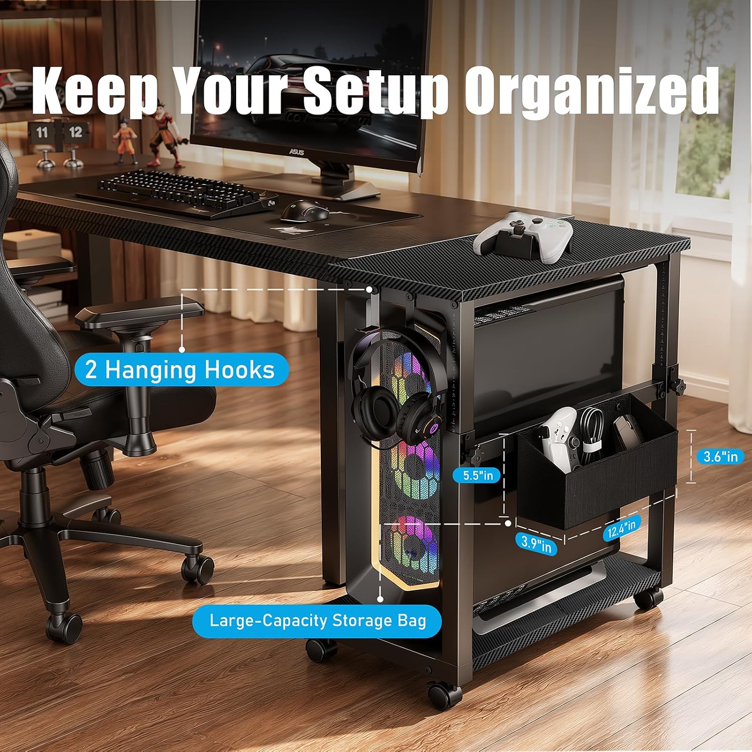 Adjustable Computer Tower Stand - 18.1"-31.5" PC Cart for Gaming Setups