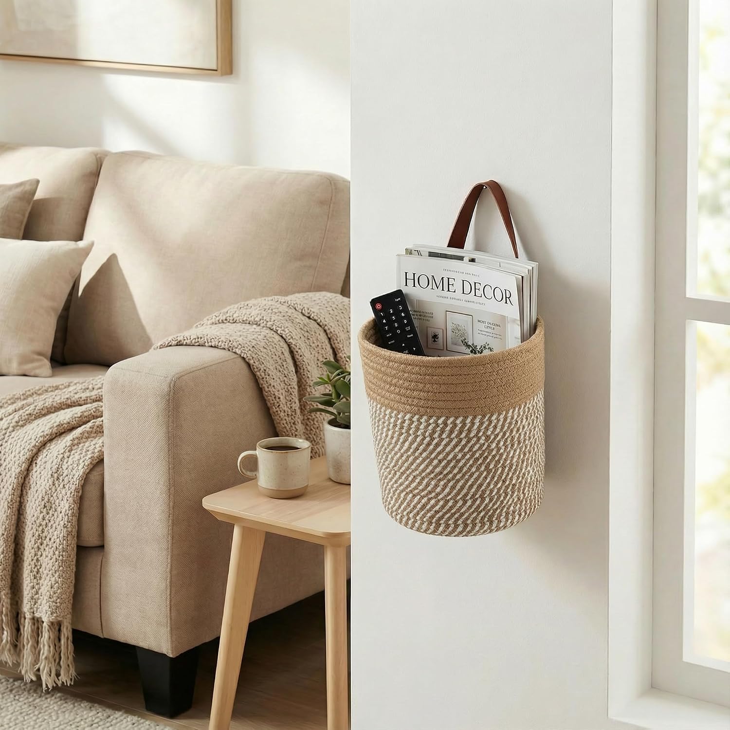 2Pack Natural Jute Hanging Baskets 7 * 8 in, Round Woven Wall Decor & Storage Planter for Plant Decor and Home Organization,Walls Basket for Bedroom, Living Room, Bathroom,Boho Decor (Brown) image 4