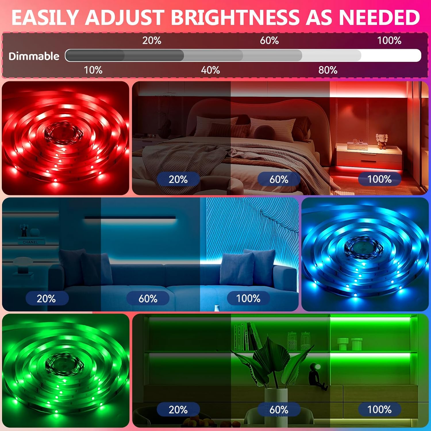 LED Strip Lights 65.6Ft(2 Rolls of 32.8ft), Dimmable 5050 RGB Color Changing Lights Strip with 40 Key IR Remote Controllers, Self-Adhesive Flexible 12V Bright LED Tape Light Kit for Home Party Holiday