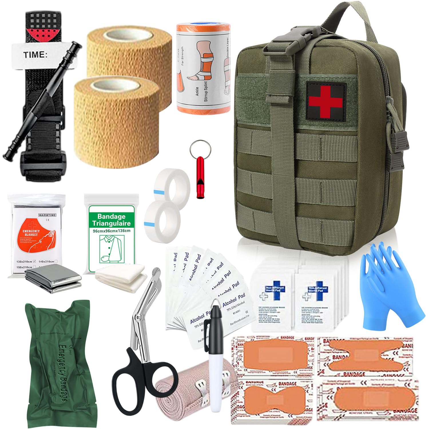 61 Stück Erste Hilfe Set Outdoor, Survival Set First Aid Kit, Trauma Erste Hilfe Tasche, First Aid Kit Military, Notfall Trauma Survival Ausrüstung, für Camping Wandern Radfahren Klettern und Reisen