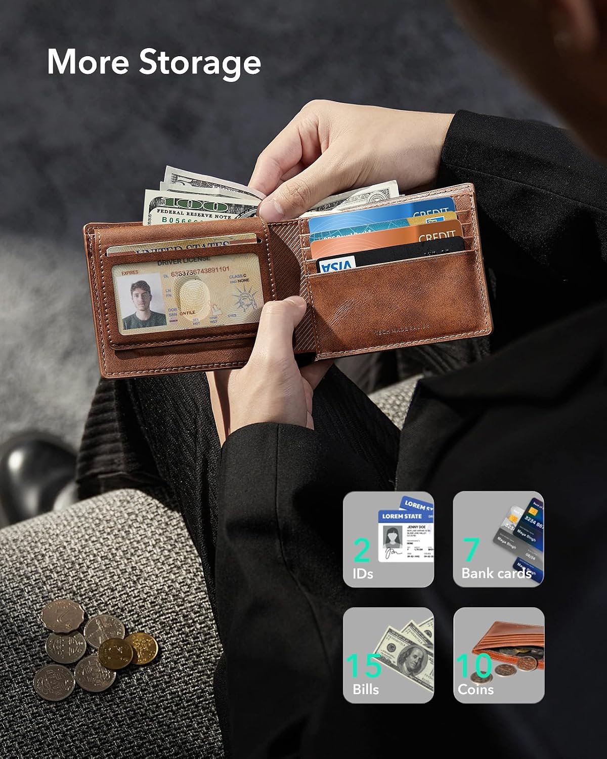 ESR Geo Wallet with Find My, RFID Blocking, Wallet for Men, Wallet Tracker(iOS 14.5 Above Only), Holds 9 Cards and 15 Bills, Replacement for AirTag Wallet, Slim Bifold Card Holder, Aged Leather