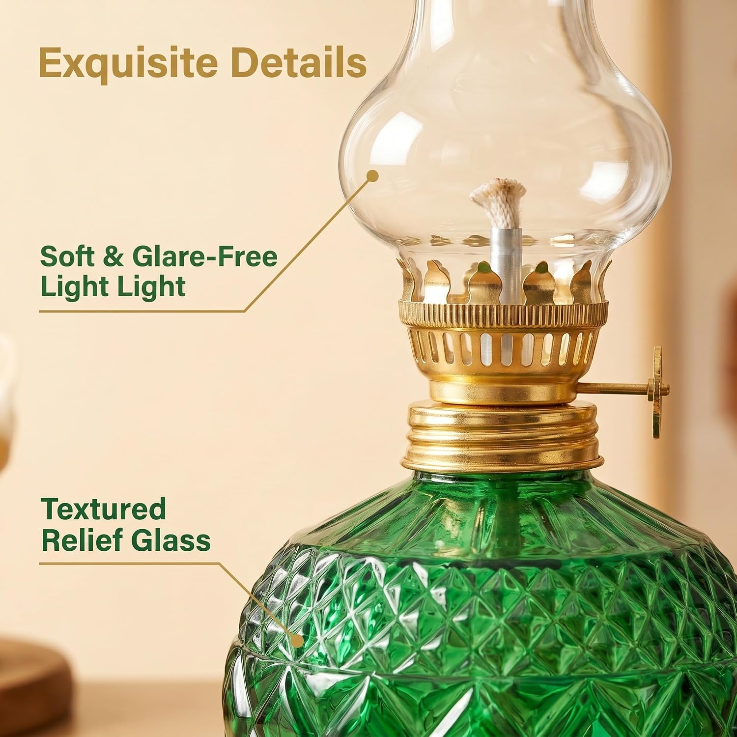 Vintage Glass Oil Lamp | 250ml Classic Kerosene Hurricane Lantern with Adjustable Wick, Decorative Oil Lantern for Tabletop Decor Fits Standard Burner Vintage & Antique Oil Lamps (2, Green)