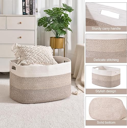 Miniatura 31 de Cesta grande para manta para sala de estar, canasta de almacenamiento rectangular, canasta grande para mantas, cestas de cuerda de algodón tejida