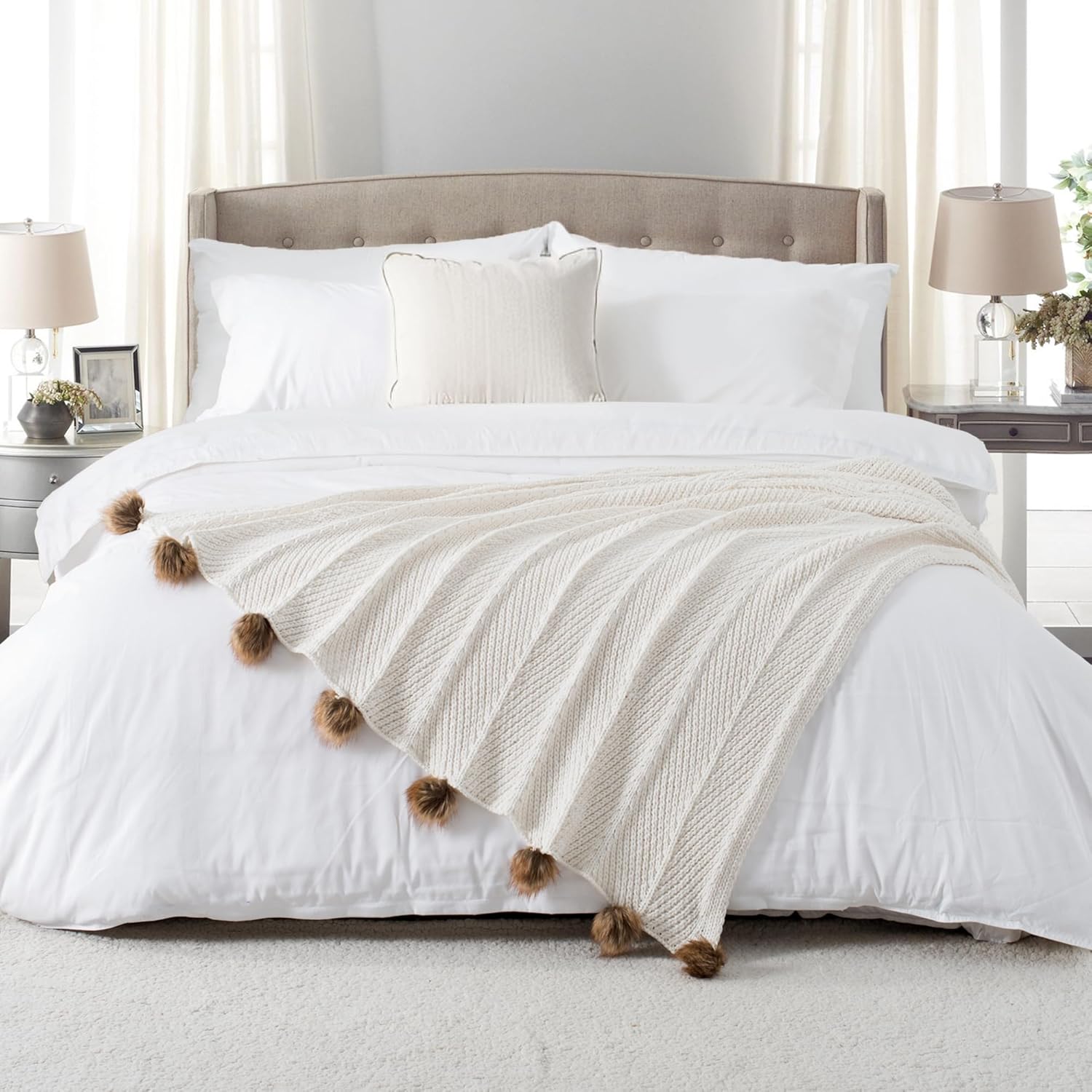 Chenille Knit Pompom Throw Blanket Fluffy Fuzzy Soft Lightweight Cozy Farmhouse Tassels Chunky Knitted Throws for Couch Sofa Bed (White, 50"x60") - Image 6