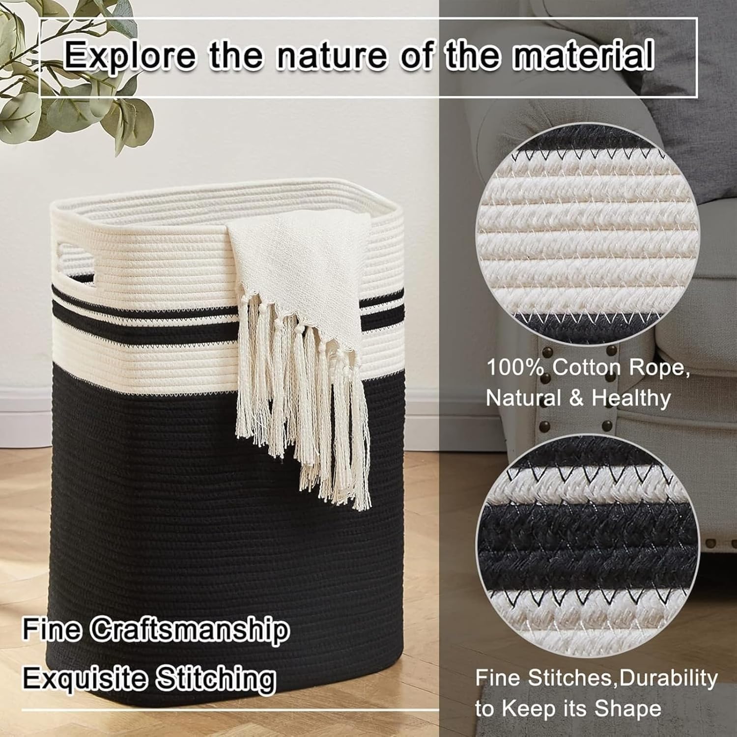 Oversized Cotton Laundry Hamper with Reinforced Handles, Collapsible Organizer for Home Storage