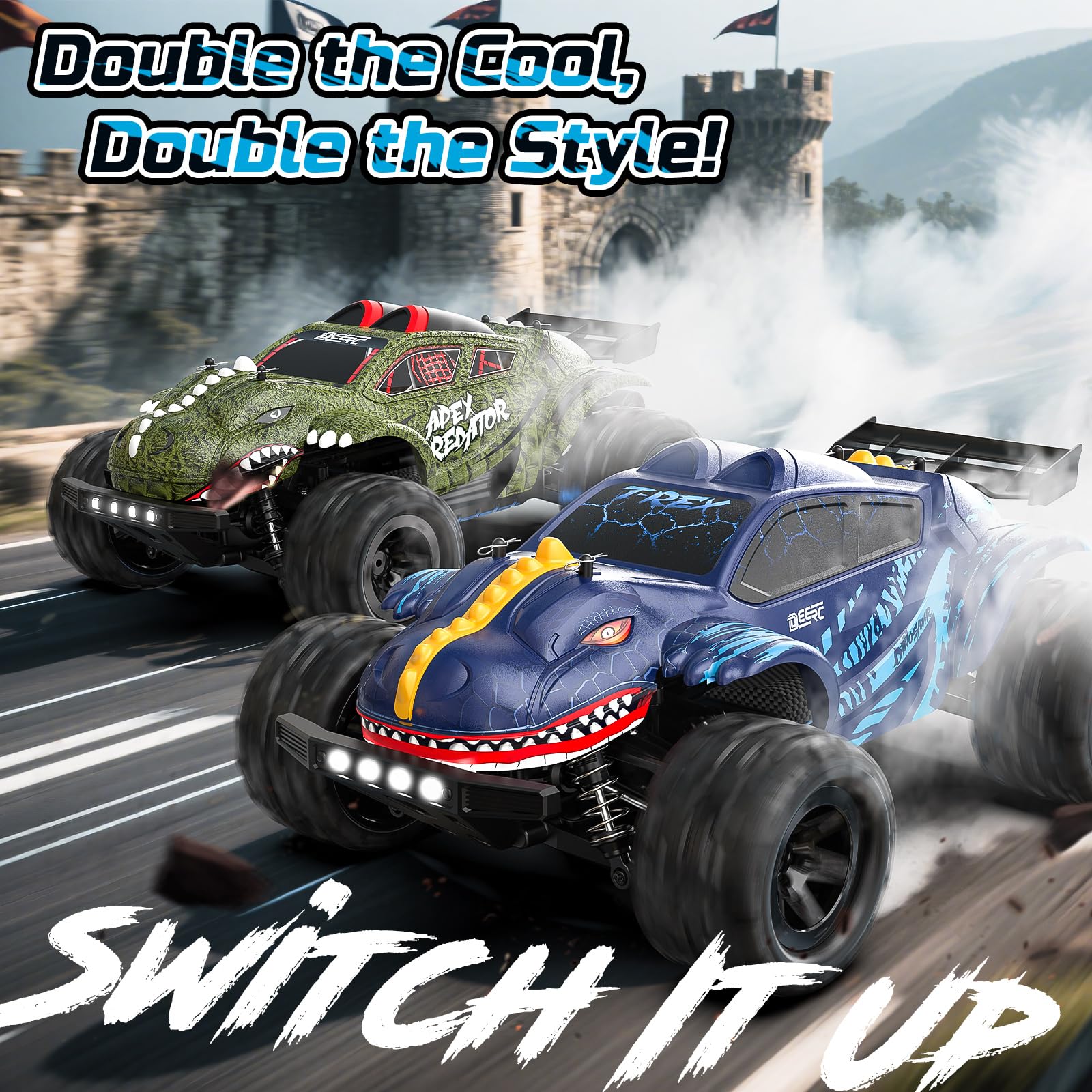 DEERC 9308E 1:16 Auto Telecomandata Monster Truck Rapido 40 KM/H, Camion Dinosauro RC 4 Ruote Motrici Alta Velocità, Auto RC Fuoristrada 2,4 GHz con 2 Batterie e 2 Cofani per Ragazzi