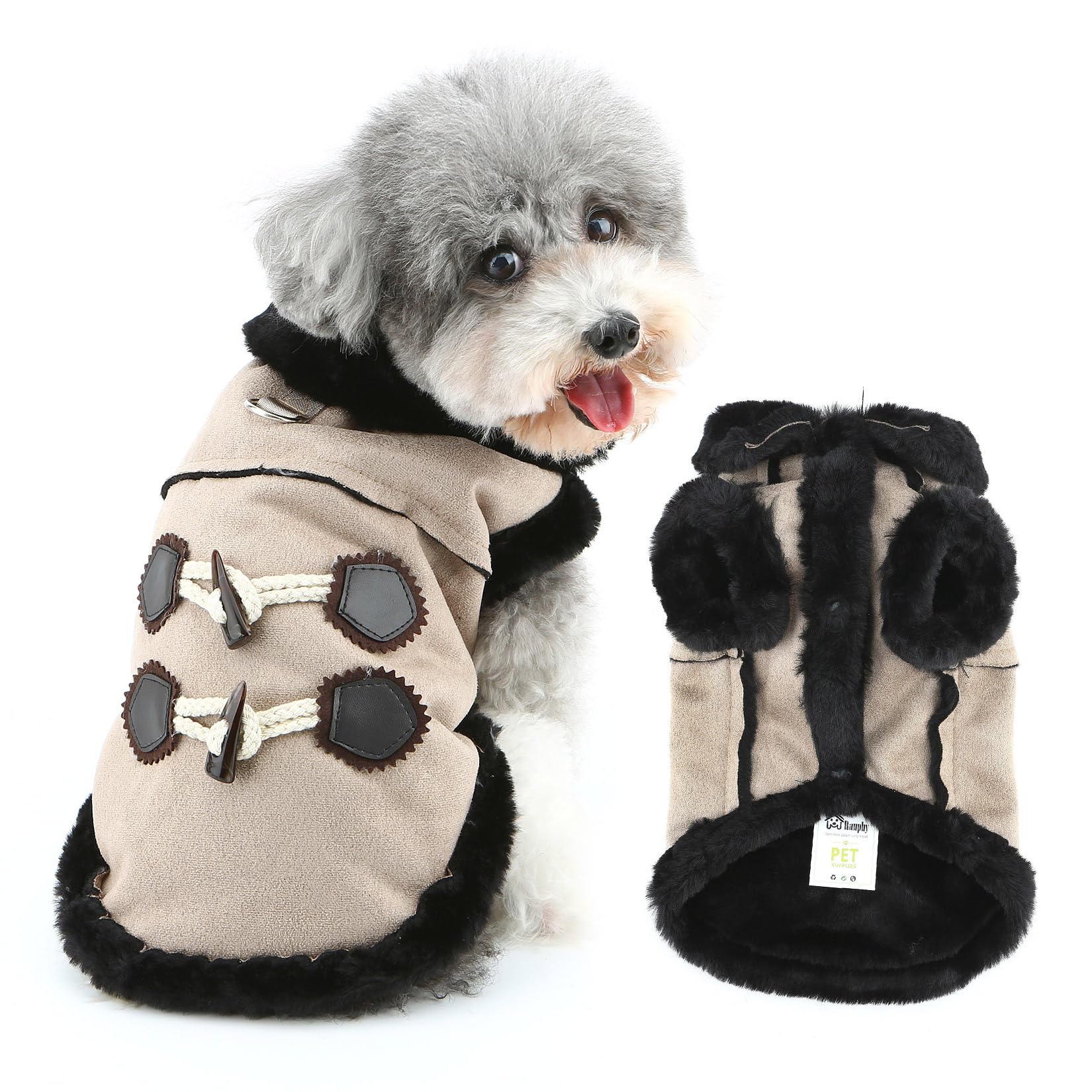 Ranphy Faux Suede Duffle Coat for Small Dog Faux Fur Lined Puppy Winter Jacket with Fluffy Collar Windproof Yorkie Chihuahua Cold Weather Clothes with Leash Ring Cat Clothing,Brown,M