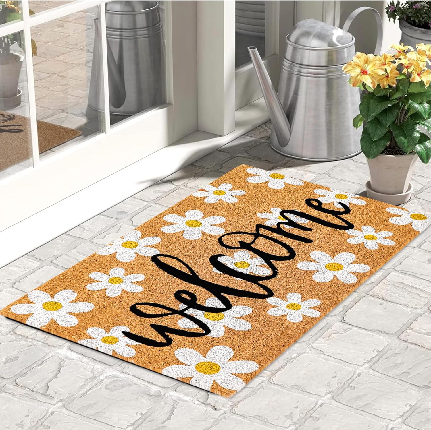 JarThenaAMCS Spring Flower Welcome Doormat Daisy Natural Coir Door Mat Non-Slip Floral Entrance Door Rugs for Indoor Outdoor Home Bathroom Decor, 16.5 x 29 Inch
