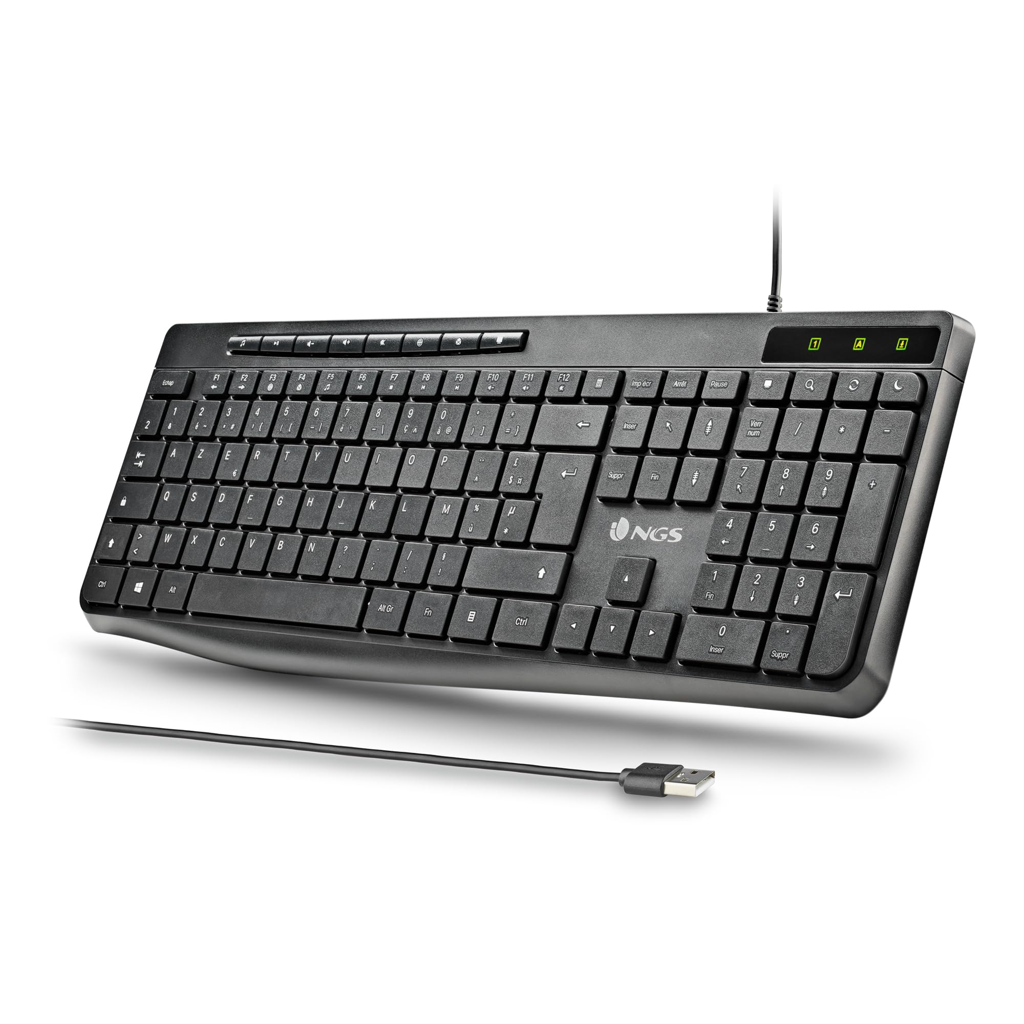 NGS Spectra French - Tastiera Multimediale Ultra Slim con Connessione USB-A, Tasti Silenziosi, 8 + 12 Tasti Multimediali, Resistente agli Schizzi, Fino a 10 Milioni di Battute, Design Ergonomico