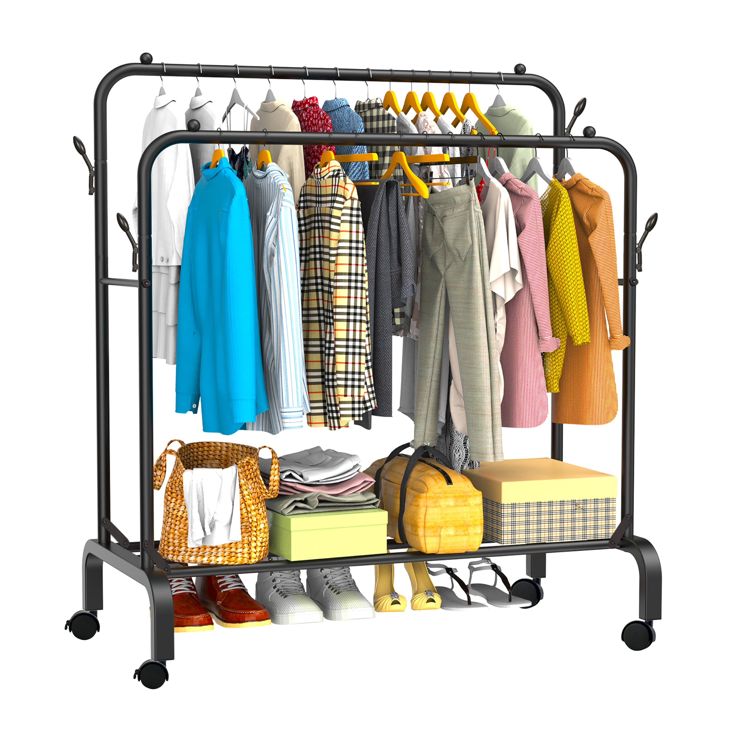 YasTant Heavy Duty Clothes Rail for Bedroom, 110 × 55 × 145cm Sturdy Hanging Clothes Rack for Garments, Double Metal Clothing Rail with Storage Shelf, Max 95 kg (Black with Wheels)