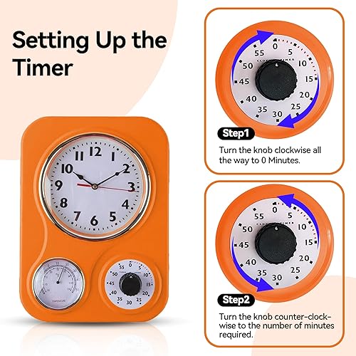 Miniatura 6 de Lily's Home - 9.5 pulgadas x 12.5 pulgadas - Reloj de pared retro para cocina, reloj de pared vintage con termómetro y temporizador de 60 minutos,