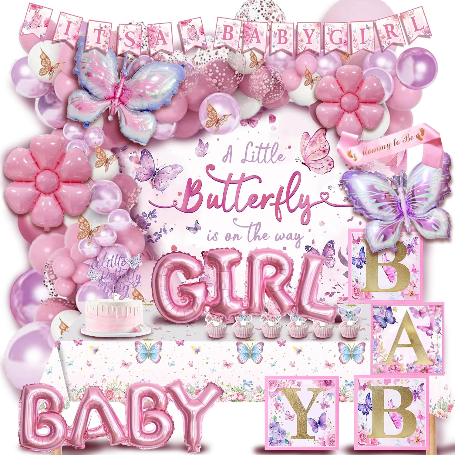 Party Spot! 126 pcs Butterfly Baby Shower Decorations For Girl,4 pcs Butterfly Balloon Boxes,Floral,Butterfly Aluminum Foil Balloons,Flower,"A little butterfly is on the way","Mommy to be" Sash