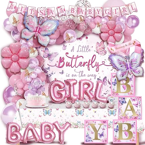 Party Spot! 126 decoraciones de mariposa para baby shower para niña, 4 cajas de globos de mariposa, globos de papel de aluminio de mariposa, flor,