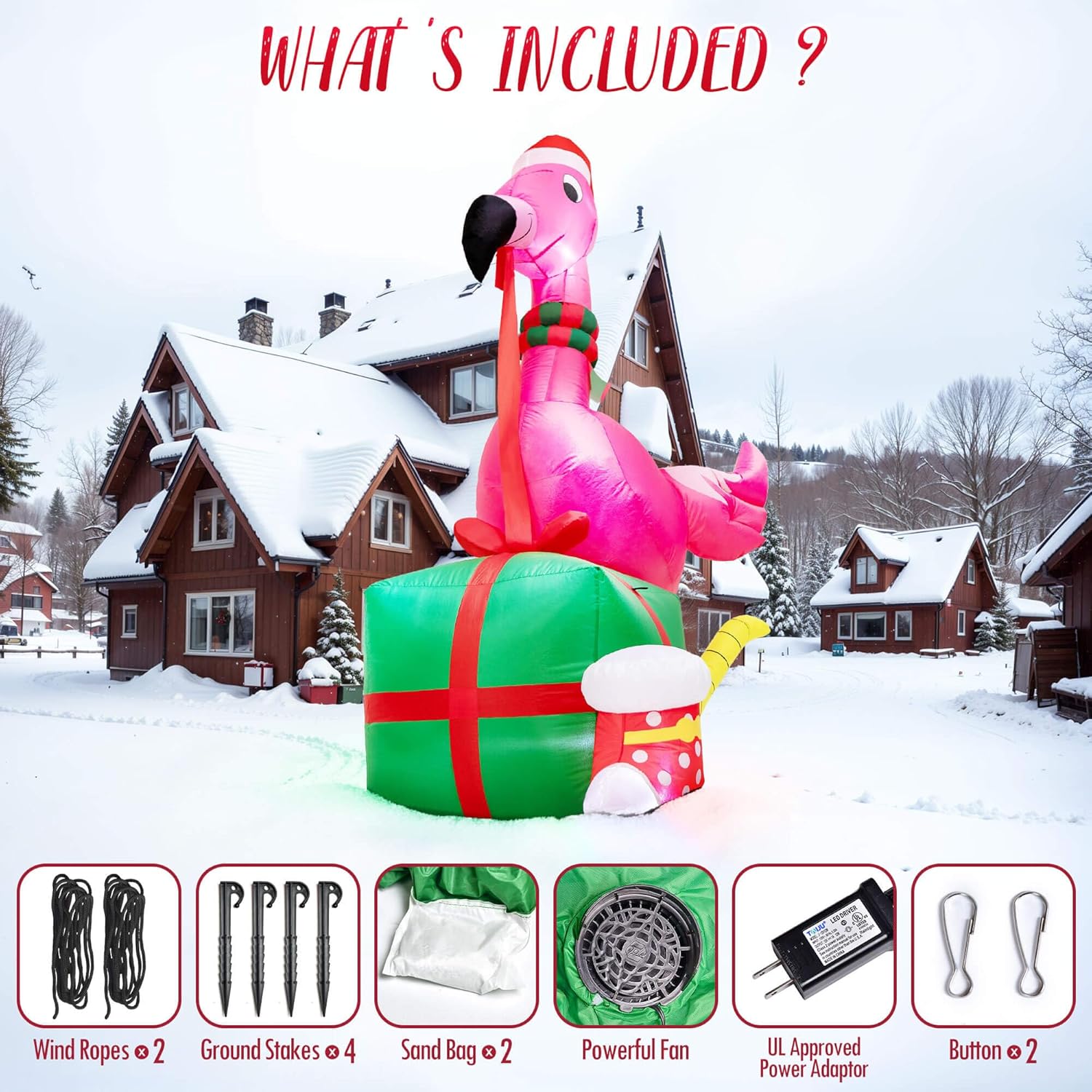 PRESENCE Christmas Inflatables Outdoor Decorations - 6FT Christmas Blow Up Flamingo LED Lights with Gift Box & Christmas Stocking, Winter Decor Xmas Kids Gift for Outdoor Yard Decorations