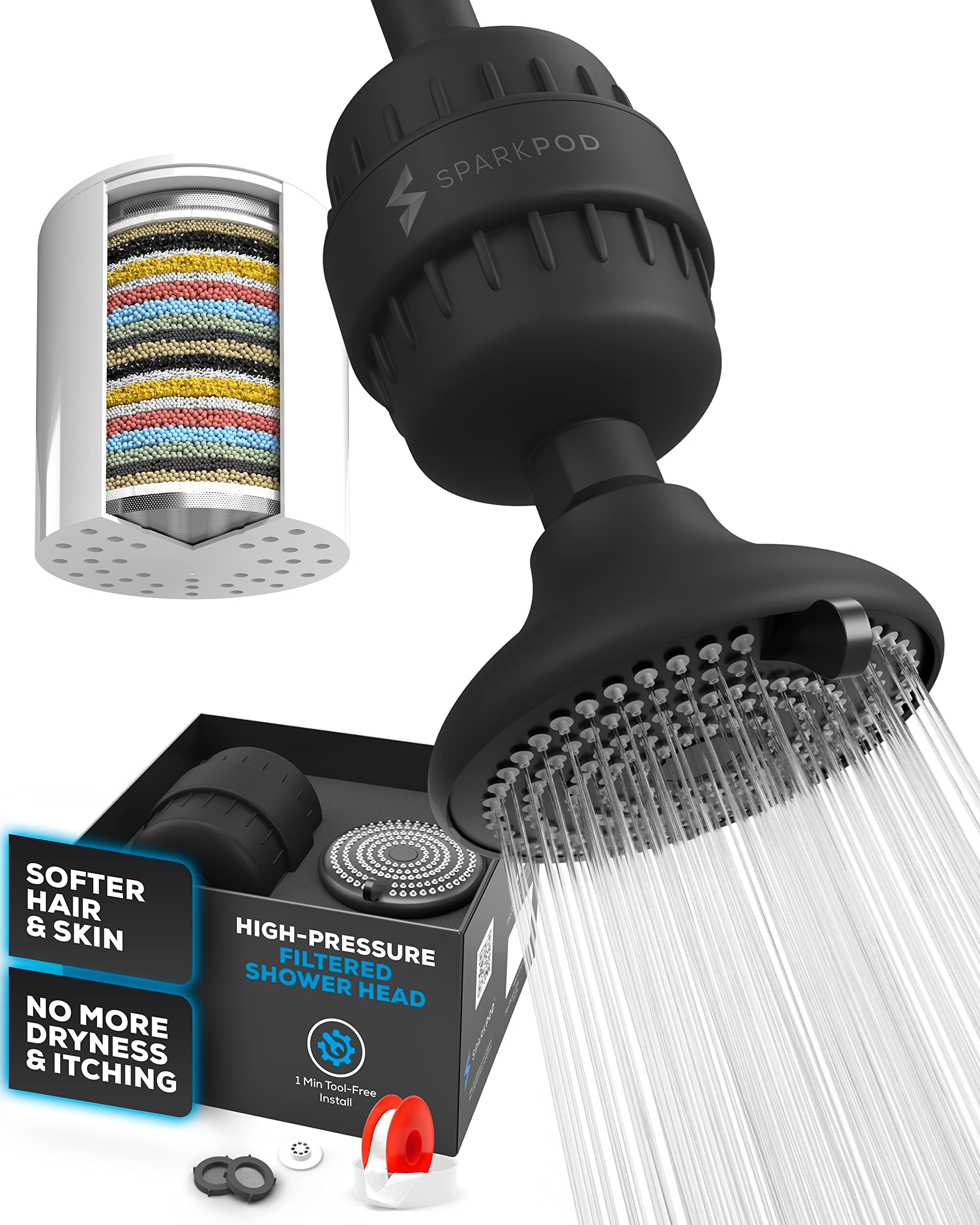 SparkPodHigh Pressure Shower Head with Filter - Rejuvenates Skin and Hair Health (Reduces Eczema & Dandruff), Filters Chlorine, Heavy Metals and Impurities | 1-min installation, (Matte Black)