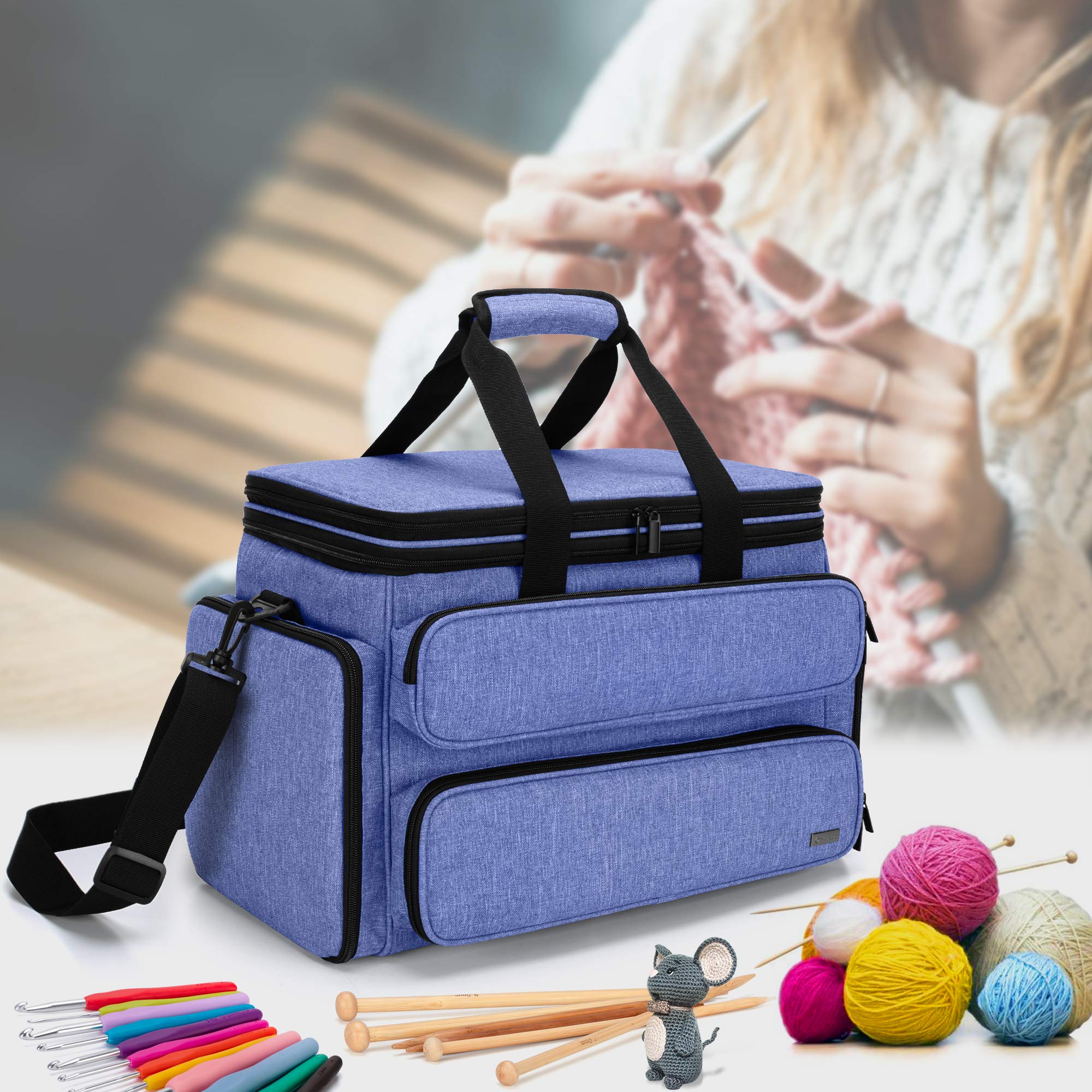 Yarwo Borsa pour Lavoro a Maglia e Uncinetto, Borsa per Lana Gomitolo, Filati, Ferri da Maglia, con Doppia Copertura Superiore e Più Tasche per Lavoro a Maglia e Uncinetto Accessori, Blu