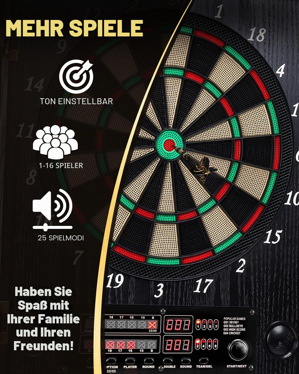Dartscheibe Elektronisch, Dekoratives Elektronische Dartscheibe Schrank-Set [12 Bronze Soft-Tip Pfeile][Cricket-Spielmodus], Profi E Dart Scheibe mit Holzschranktüren - Adler