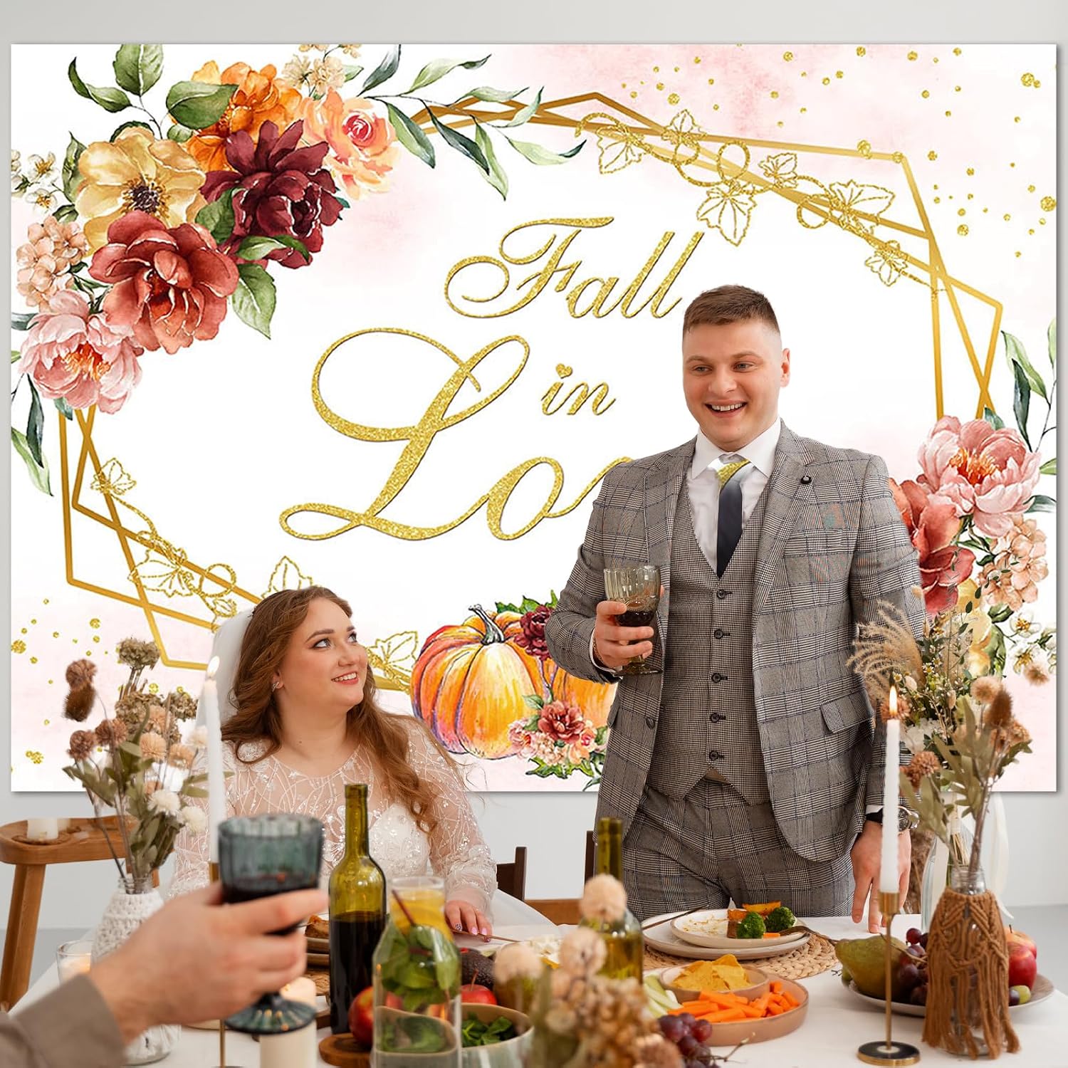 Avezano Fall in Love Backdrop Autumn Pumpkin Flower Wedding Bridal Shower Party Photography Background Fall Watercolor Flowers Romantic Couple Anniversary Decorations Banner Props (7x5ft)
