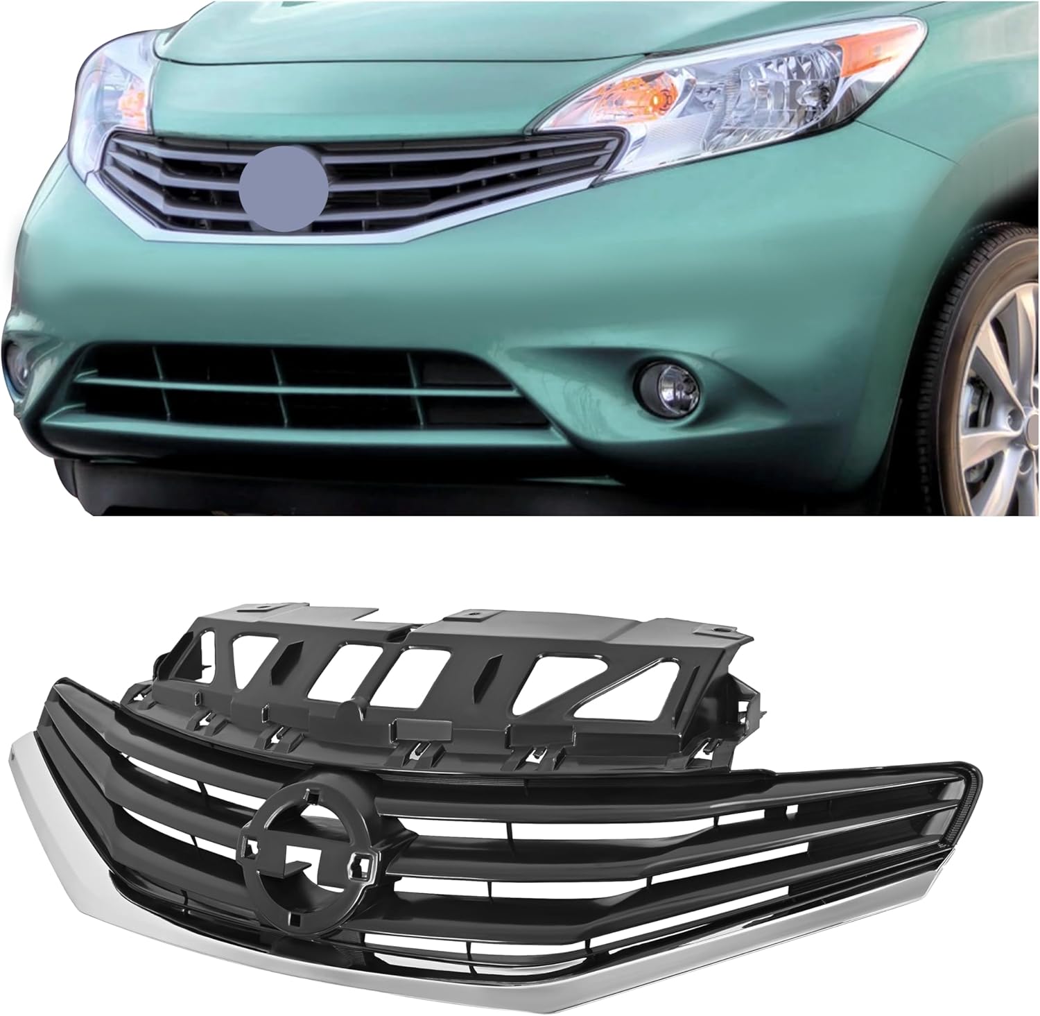 HECASA Grille Compatible with 2014-2016 Nissan Versa Note Replacement for 623103VY0A NI1200257 Front Bumper Upper Grill Plastic(ABS) Chrome Black+Silvery