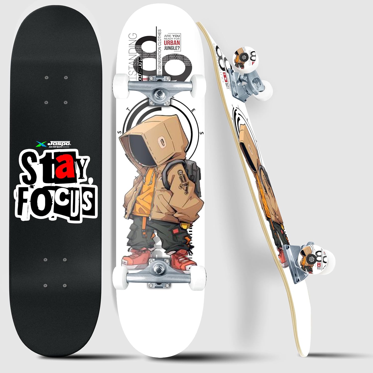 Jaspo Street King Skateboard for Adults & Kids - 7-Layer Canadian Maple Wood Deck, 31" x 8" Inches, Professional Skateboard for Beginners, Pros, Boys & Girls, 120 kg Capacity