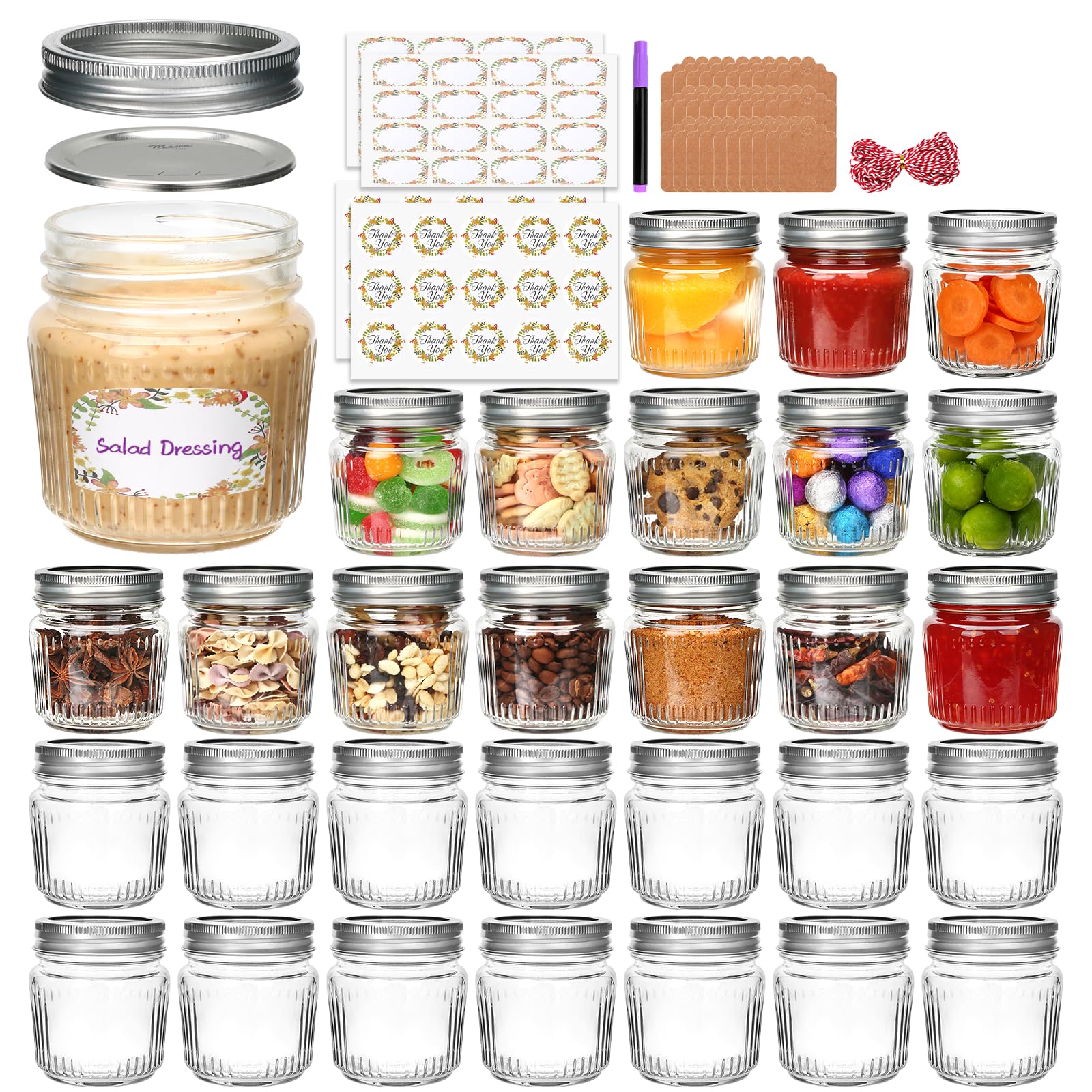 Brajttt 8 oz Mason Jars with Lids, 30 Pcs Small Striped Glass Jars