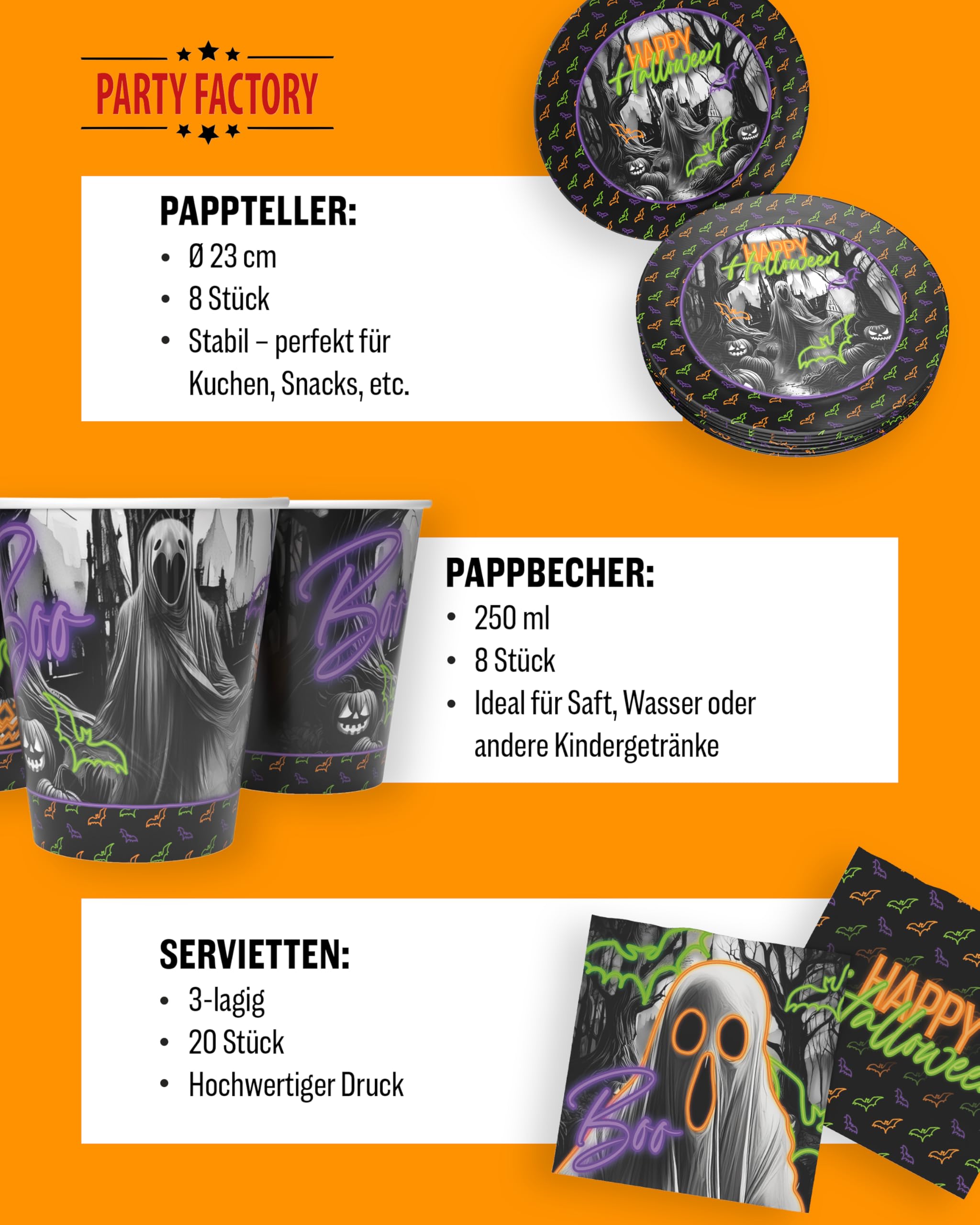 Party Factory – Halloween Partydeko Komplettset für Kinder - 57 tlg. Tischdeko Pappgeschirr mit Wimpelkette für Halloweenpartys & Mottopartys - Party Deko Bundle mit Tellern, Servietten etc.