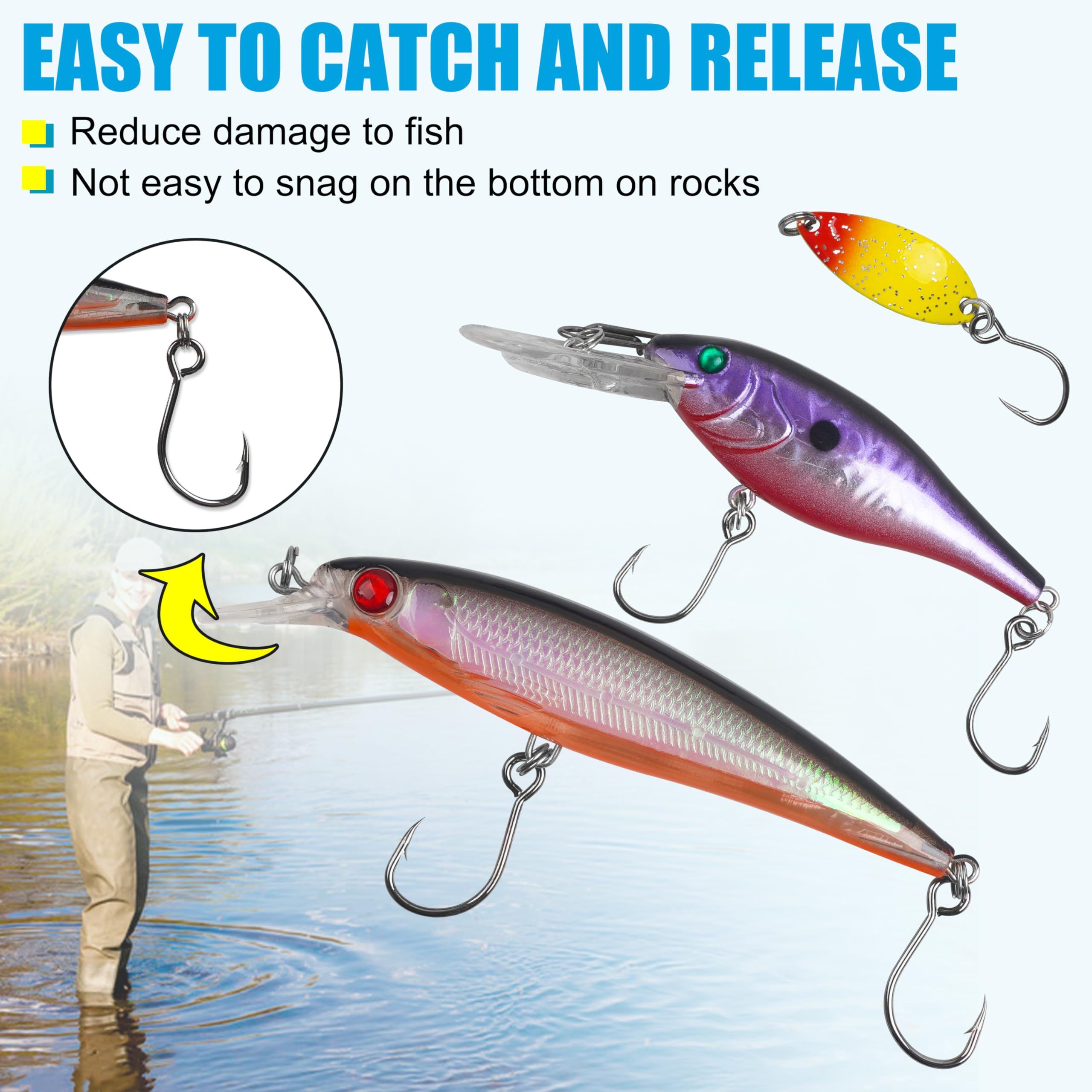 Inline Single Hooks Kit, 185pcs Single Replacement Hooks for Hard Lures Baits Inline Circle Hooks with Split Rings Large Eye Fishing Hooks Saltwater Freshwater for Treble Hook Replacement : Sports