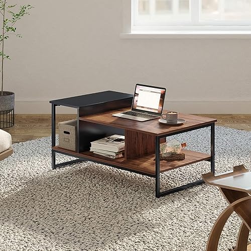 HOMOOI Glass Wood Coffee Table with 2-Tier Staggered Shelves - Farmhouse Tea Center Table with Smoked Grey Tempered Glass for Living Room, 40", Walnut