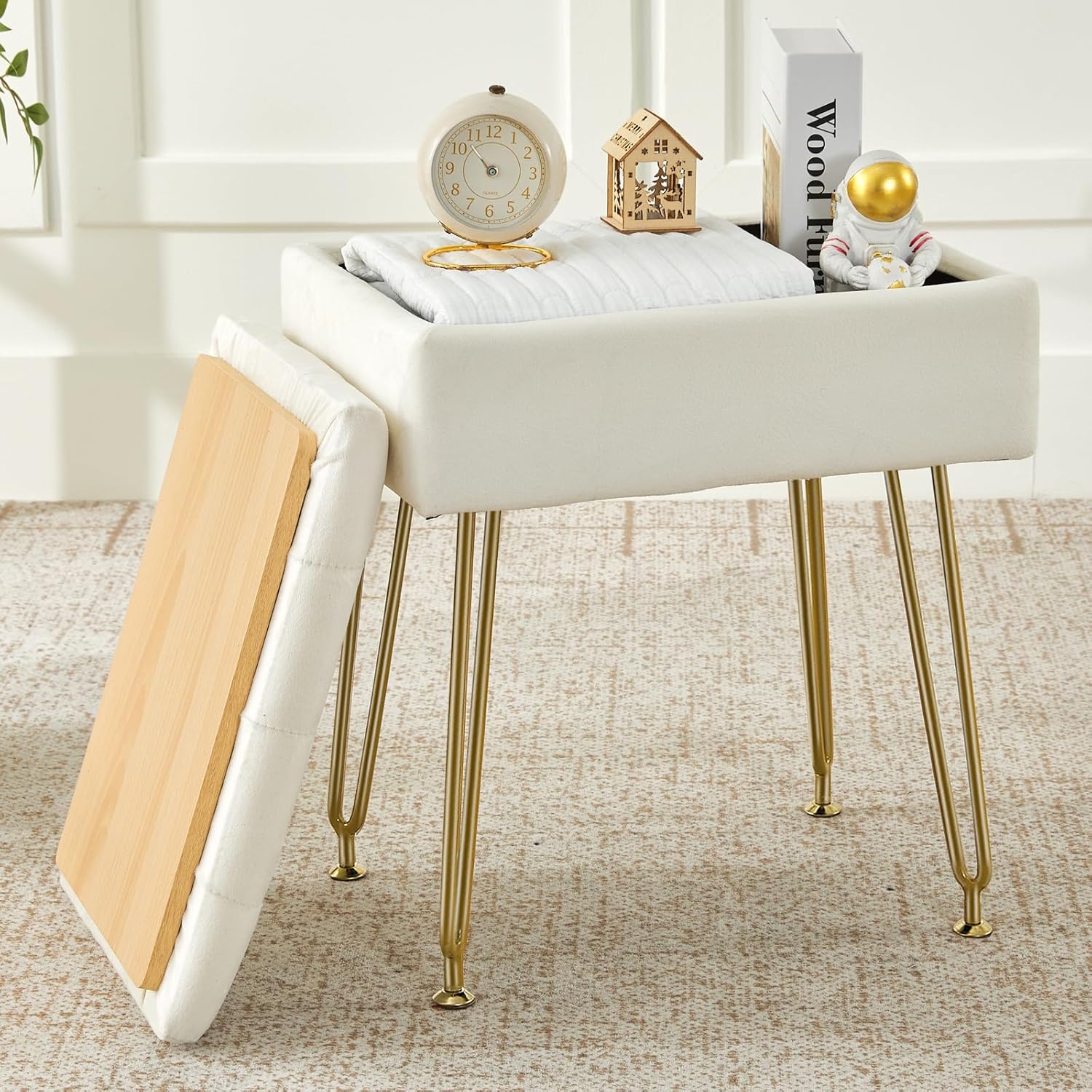 BRIAN & DANY Vanity Stool, Velvet Vanity Stool Chair with Storage, Rectangle Makeup Chair Soft Padded Seat with Legs for Bedroom (Beige)