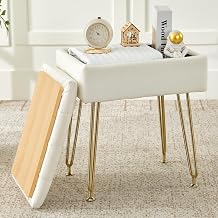 BRIAN & DANY Vanity Stool, Velvet Vanity Stool Chair with Storage, Rectangle Makeup Chair Soft Padded Seat with Legs for Bedroom Beige