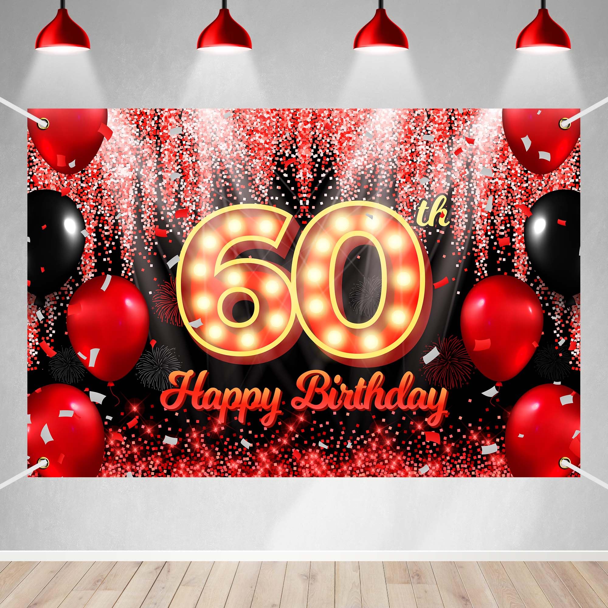 Happy 60th Birthday Backdrop Banner Black and Red Theme Background with Neon Shiny Fashion Birthday Party Photo Photography Prop Booth Background for