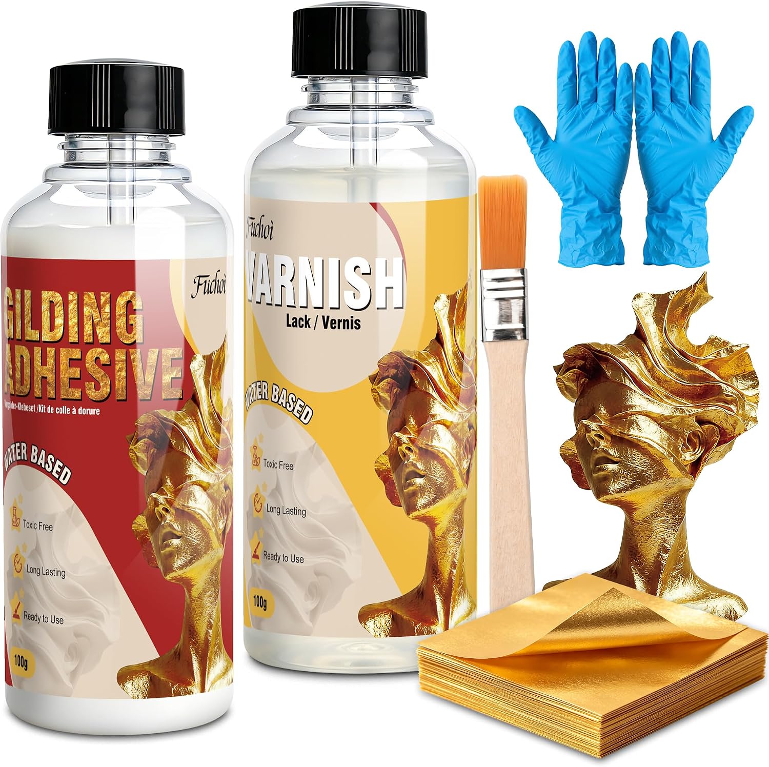Gold Leaf Kit, 3.53oz Water Based Adhesive Glue and 3.53oz Varnish， 100 Pcs Gold Foil Sheets, Non-Toxic Gilding Glue Metal Leaf Set for Art, Craft, Painting & Home Furniture Decoration