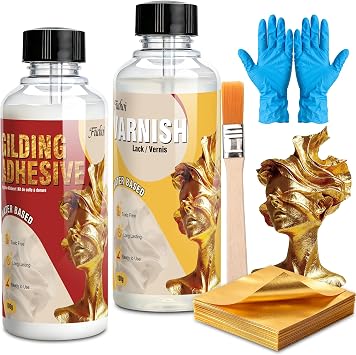 Gold Leaf Gilding Adhesive Kit 100Pcs Gold Foil Sheets 3.5oz Glue & Varnish