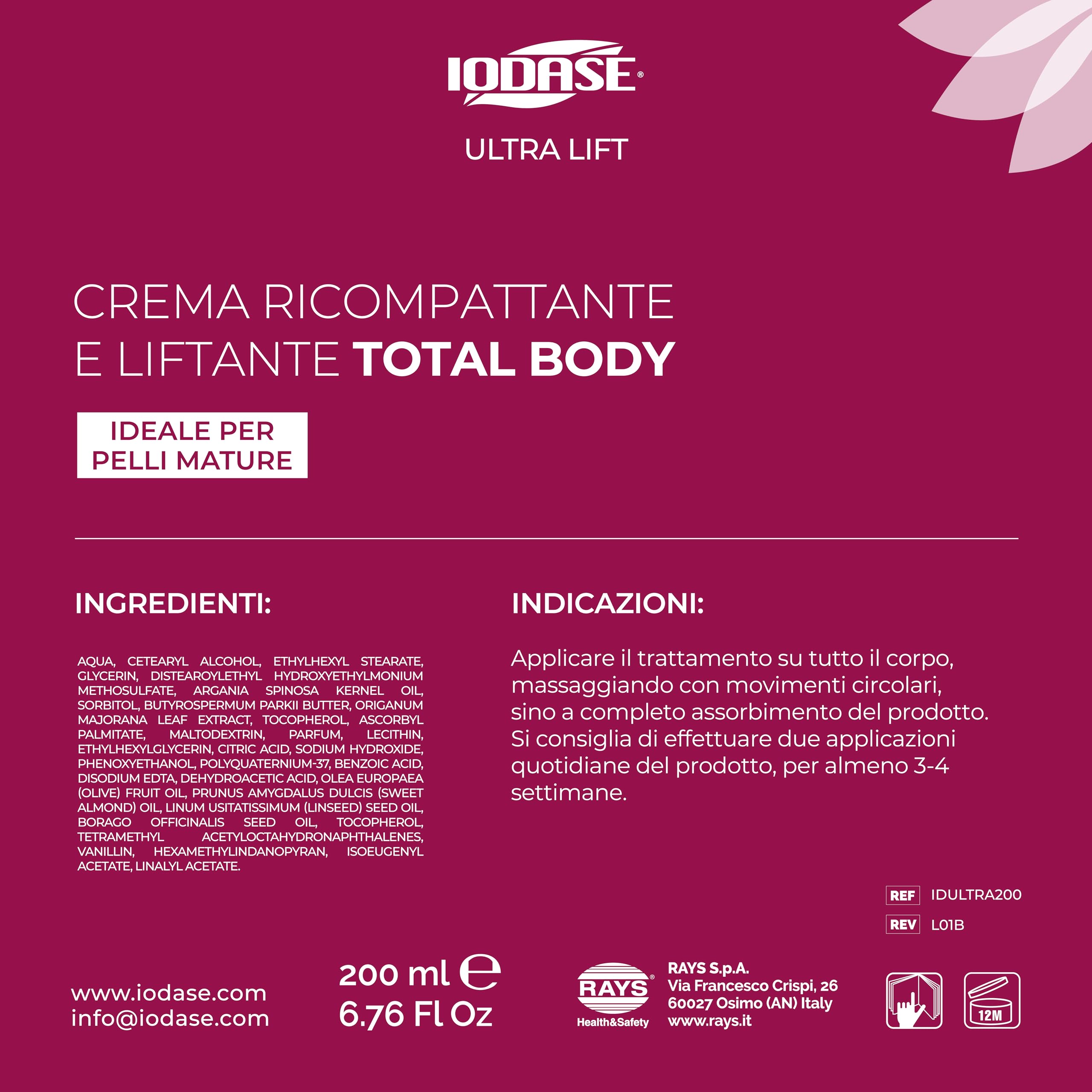 Iodase Crema Corpo Ricompattante 200ml, Pelle Tonica e Compatta, con Collagene e Oli Naturali Attivati, Migliora Elasticità, Densità e Compattezza, Ideale per Pelli Mature e Lassità Cutanea