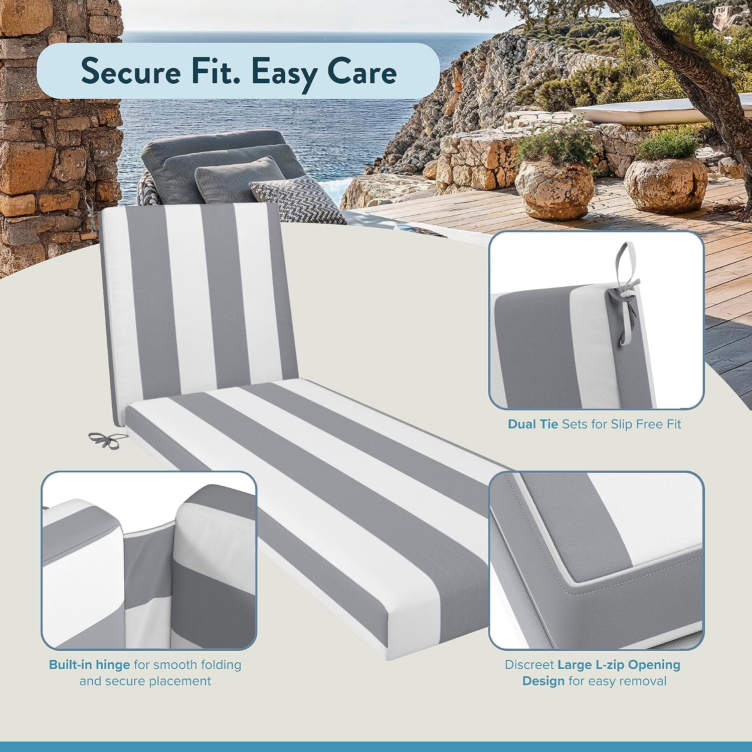 California Umbrella Outdoor Chaise Lounge Cushion, 24 x 78 Inch, Premium Outdoor Memory Foam, Fade Resistant Solstice Olefin Fabric, Patio Lounger Cushion with Fabric Ties, Grey - White