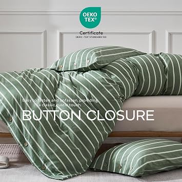 JELLYMONI Cotton Duvet Cover Twin Size - Green Striped Comforter Cover with Button 100% Washed Cotton 2PCS Breathable Soft Solid Bedding Set Duvet Cover 6890in & 1 Pillowcase (NO Comforter)