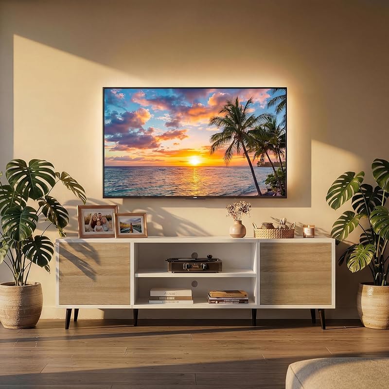 JUMMICO 58 Inch Mid-Century Modern TV Stand with Storage, Oak image 5