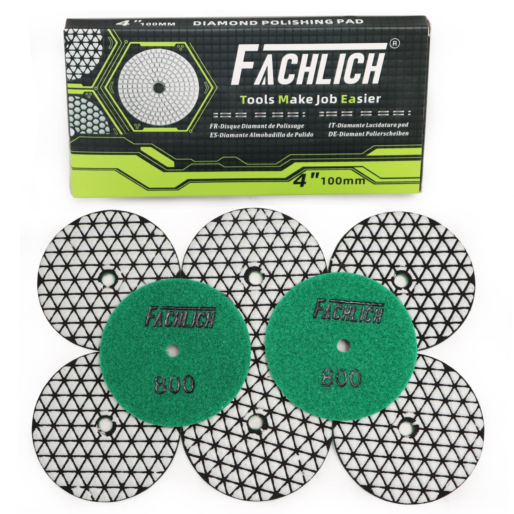 FACHLICH Dry Diamond Polishing Pads,100mm/4 Inch 8pcs Grit 800 for Granite,Marble,Quartz Stone Countertop,Sanding Grinder or Polisher Pads