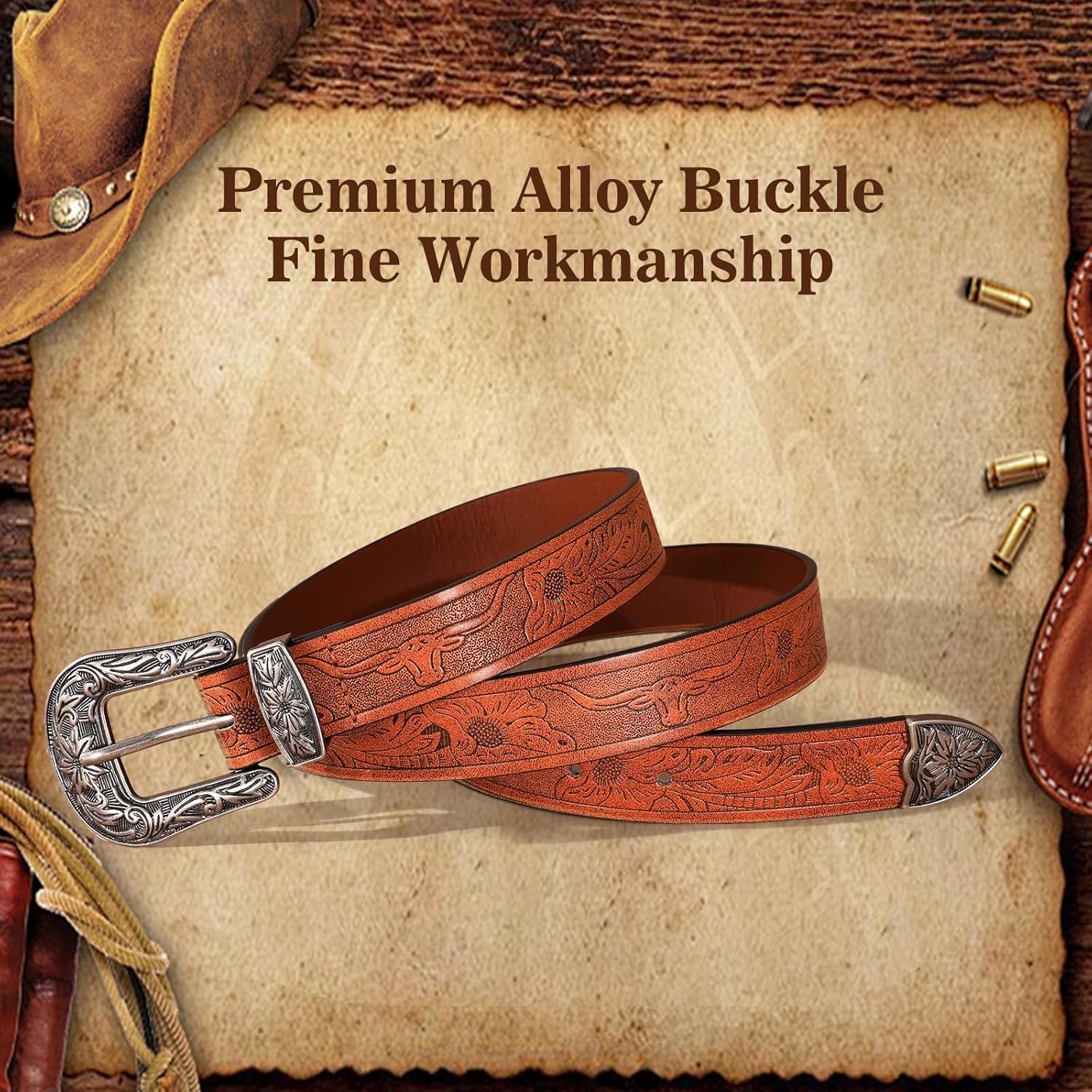 SANSTHS Western Belt For Women, Womens Cowboy Belt For Pants Jeans With Vintage Floral Carved Design - Image 4