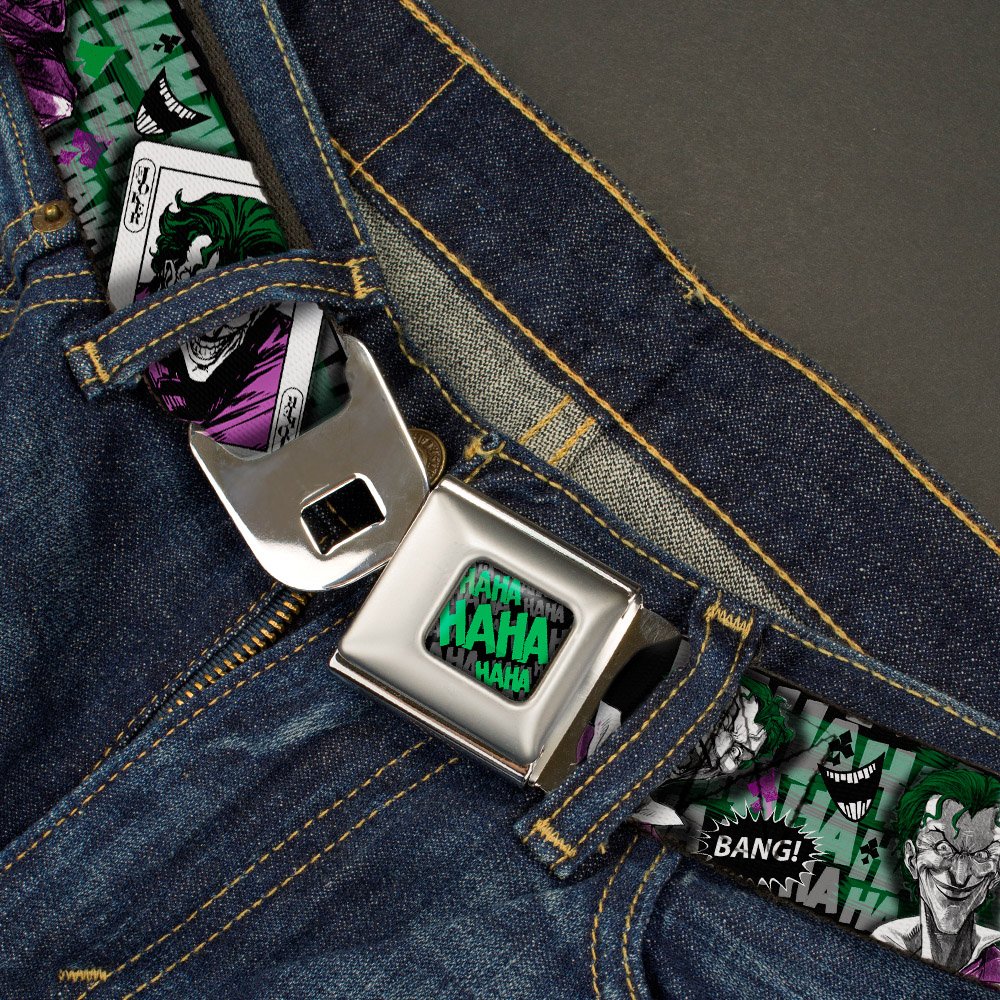 Buckle-Down Seatbelt Belt - The Joker 4-Poses/Joker Card HAHA/Smile/BANG! Grays/Greens/Purples - 1.0