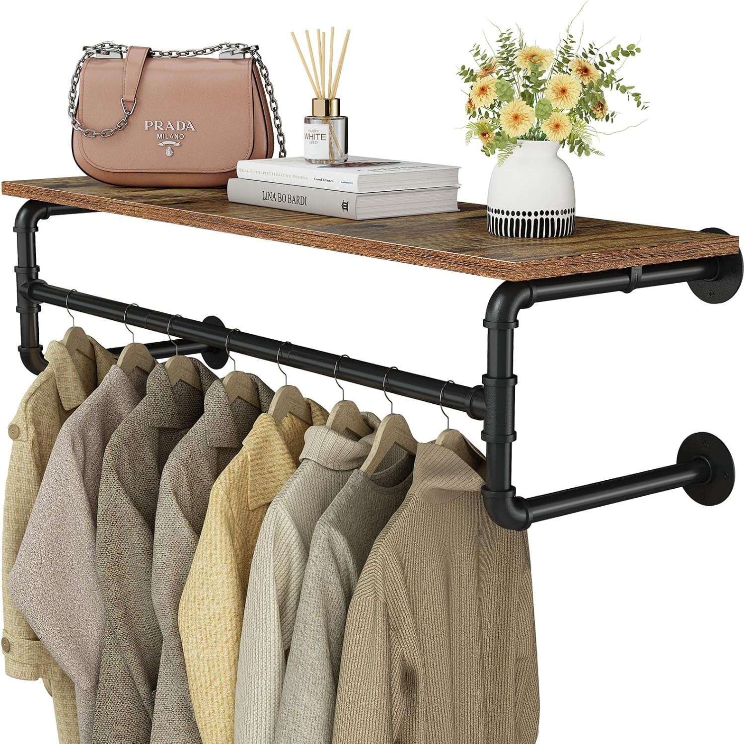 Clothes Rack with Top Shelf, 42.3in Industrial Pipe Wall Mounted Garment Rack, Space-Saving Display Hanging Clothes Rack, Heavy Duty Detachable Multi-Purpose Hanging Rod for Closet Storage