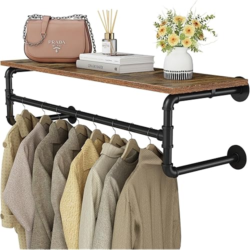 Clothes Rack with Top Shelf, 43.3in Industrial Pipe Wall Mounted Garment Rack, Space-Saving Display Hanging Clothes Rack, Heavy Duty Detachable Multi-Purpose Hanging Rod for Closet Storage