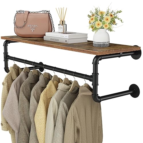 Clothes Rack with Top Shelf, 43.3in Industrial Pipe Wall Mounted
