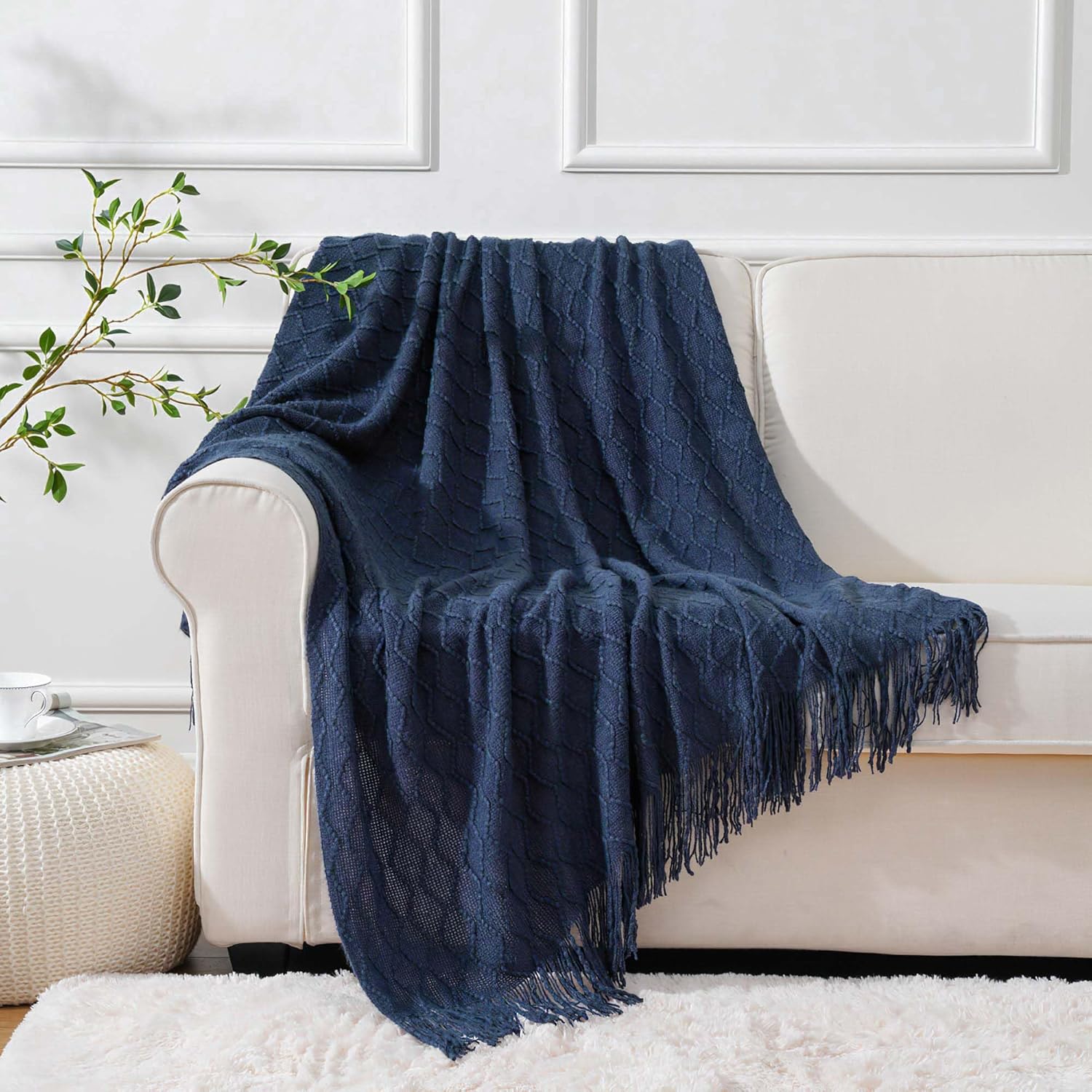 BATTILO HOME Navy Throw Blankets for Couch, Navy Blue Lightweight Decorative Blankets and Throws, Boho Warm Knit Blanket for Men and Women, 50"x60" - Image 2