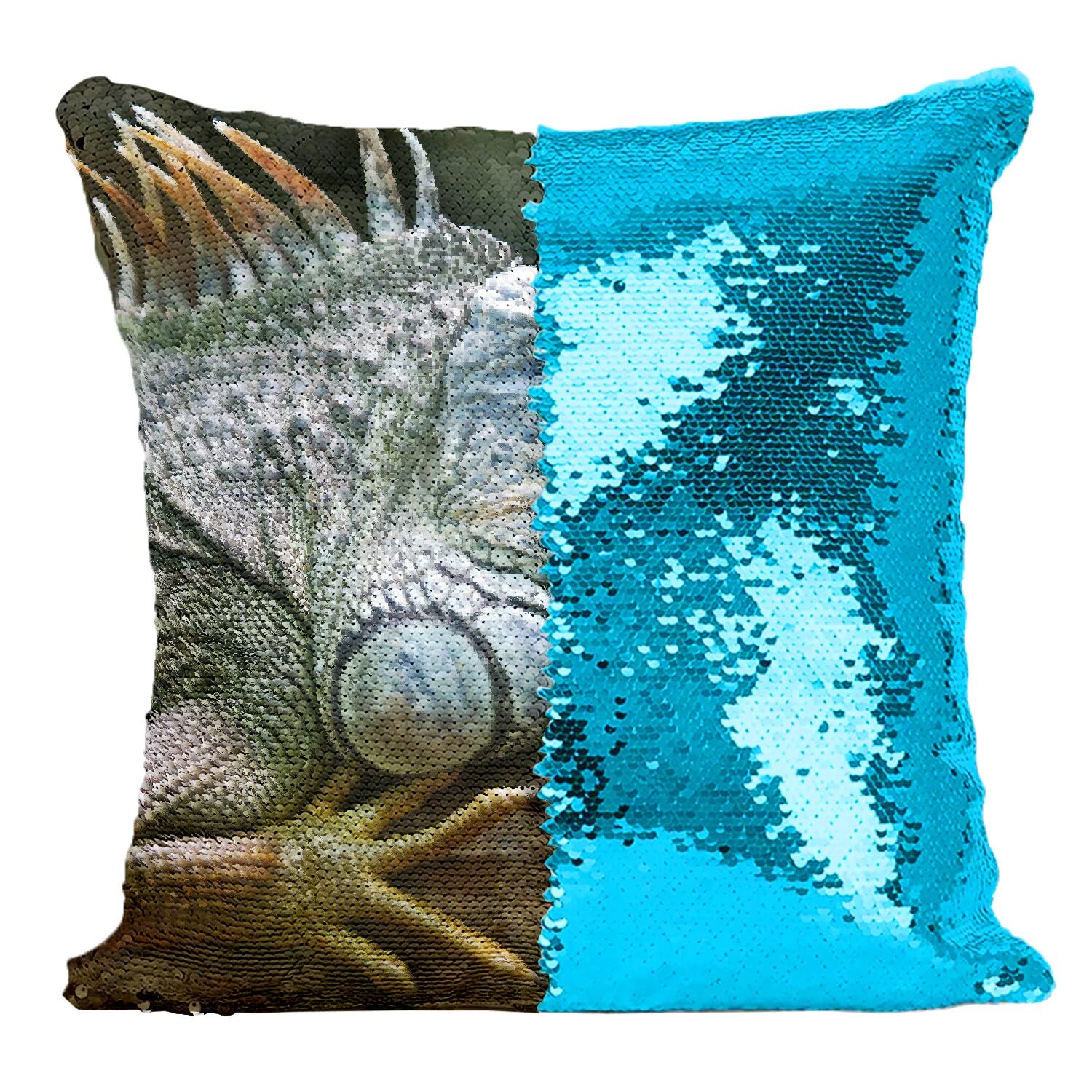 Coussin housse sequin paillettes turquoise avec motif iguane