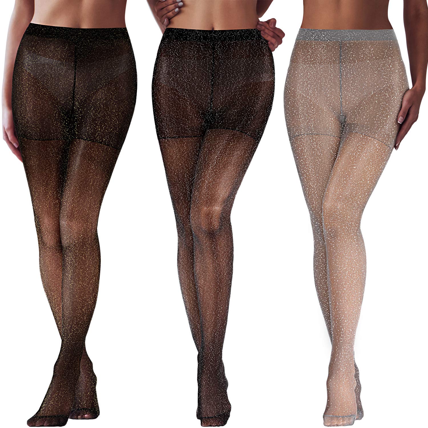 SATINIOR3 Pairs Metallic Tights Women's Shimmer Tights Shiny Elastic High Waist Pantyhose for Valentine Dating Outfit