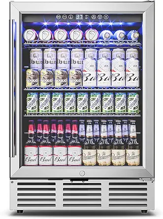 24 Inch Beverage Refrigerator - 180 Cans Under Counter Drink Cooler with Glass Door & Safety Lock