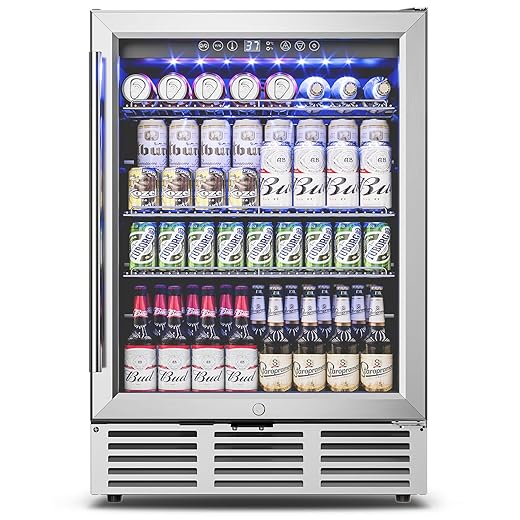 24 inch Beverage Refrigerator - 180 Cans Under Counter Beverage Fridge with Glass Door & Safety Lock for Beer Wine Soda, Built-in or Freestanding Drink Fridge for Home Office Kitchen or Bar